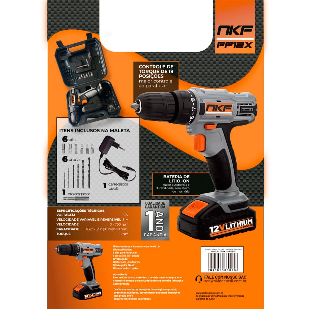 Kit 2 Furadeiras Parafusadeiras à Bateria 12V com Maleta e 13 Itens FP12X NKF