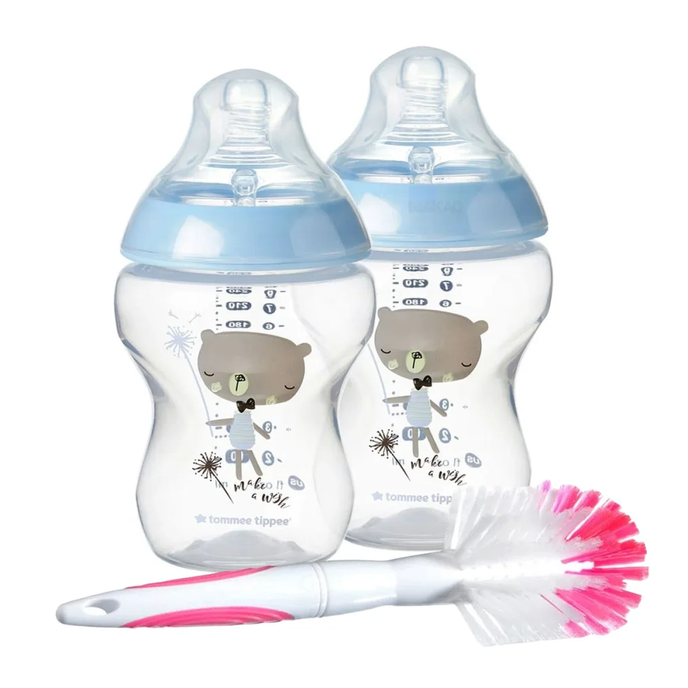 Kit 2 Mamadeiras Closer To Nature Azul 260ml e Escova de Mamadeira Tommee Tippee