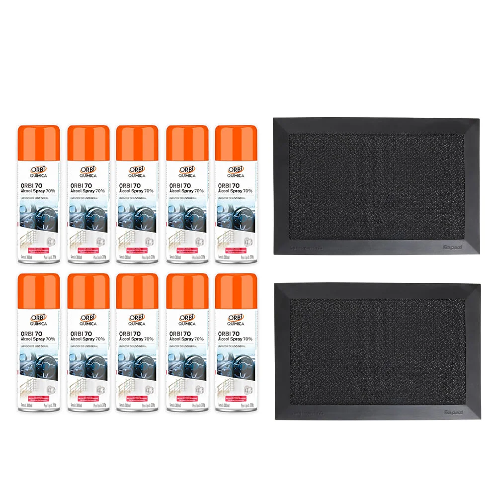 Kit 2 Tapetes Sanitizante 38x58cm Kapazi Preto e 10 Álcool Spray 70°300ml Orbi
