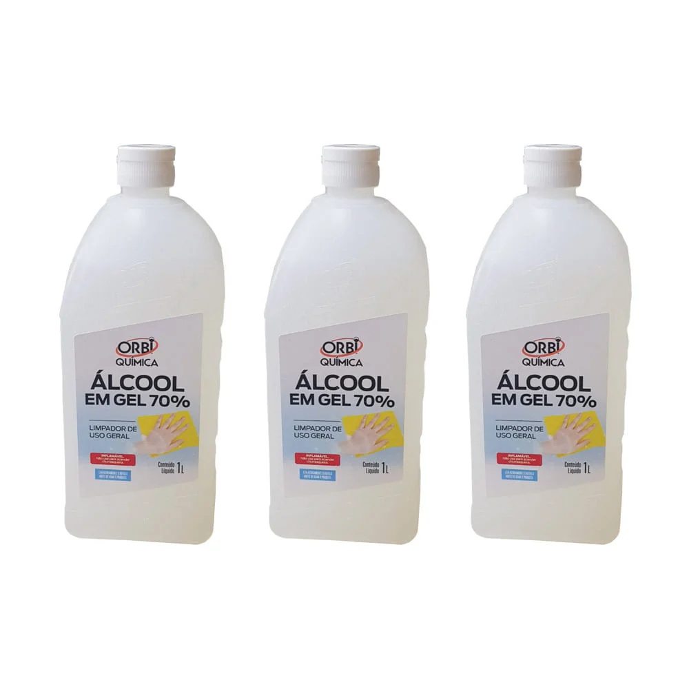 Kit 3 Álcool Gel 70° Antisséptico e Higienizador de Mãos 1 Litro Orbi