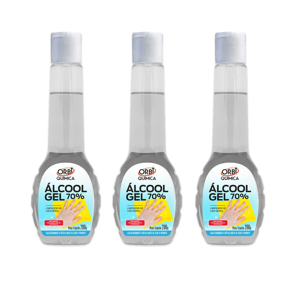 Kit 3 Álcool Gel 70° Antisséptico e Higienizador de Mãos 200G Orbi