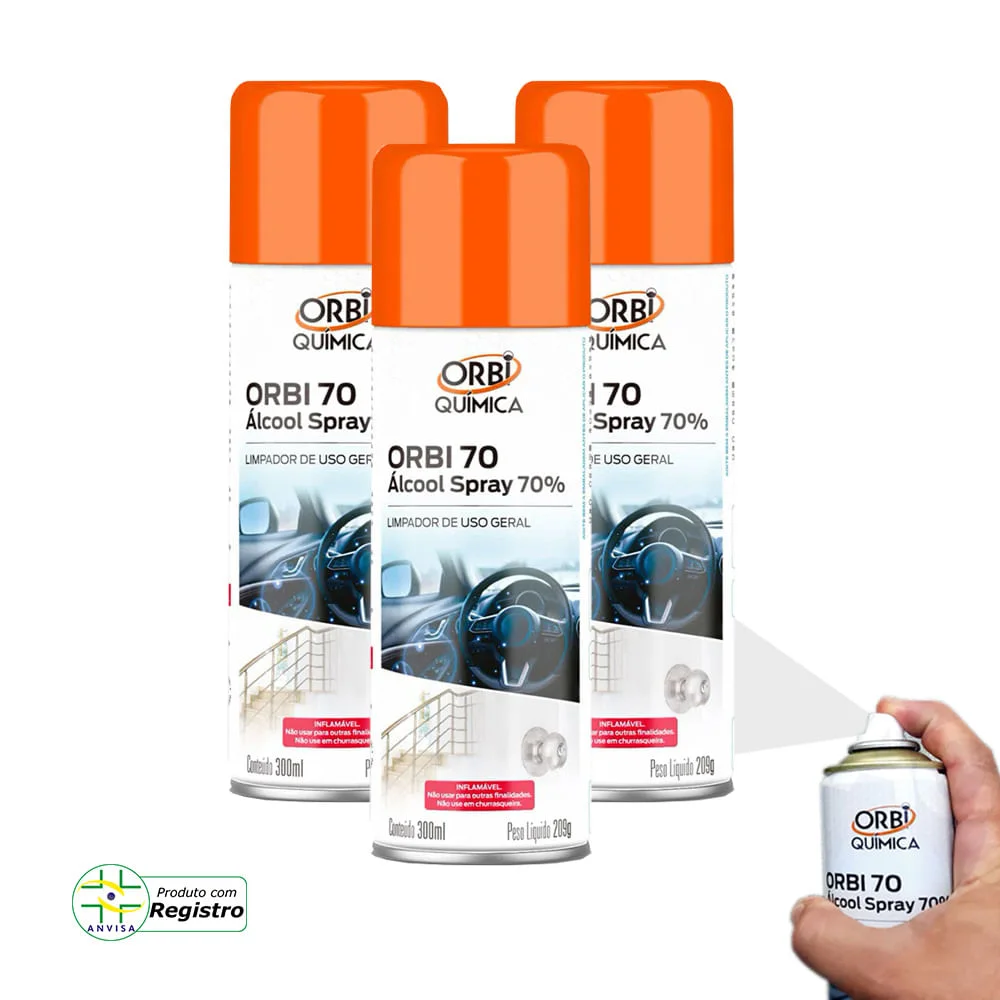 Kit 3 Álcool Spray 70° Antisséptico e Higienizador 300ML 209G Orbi