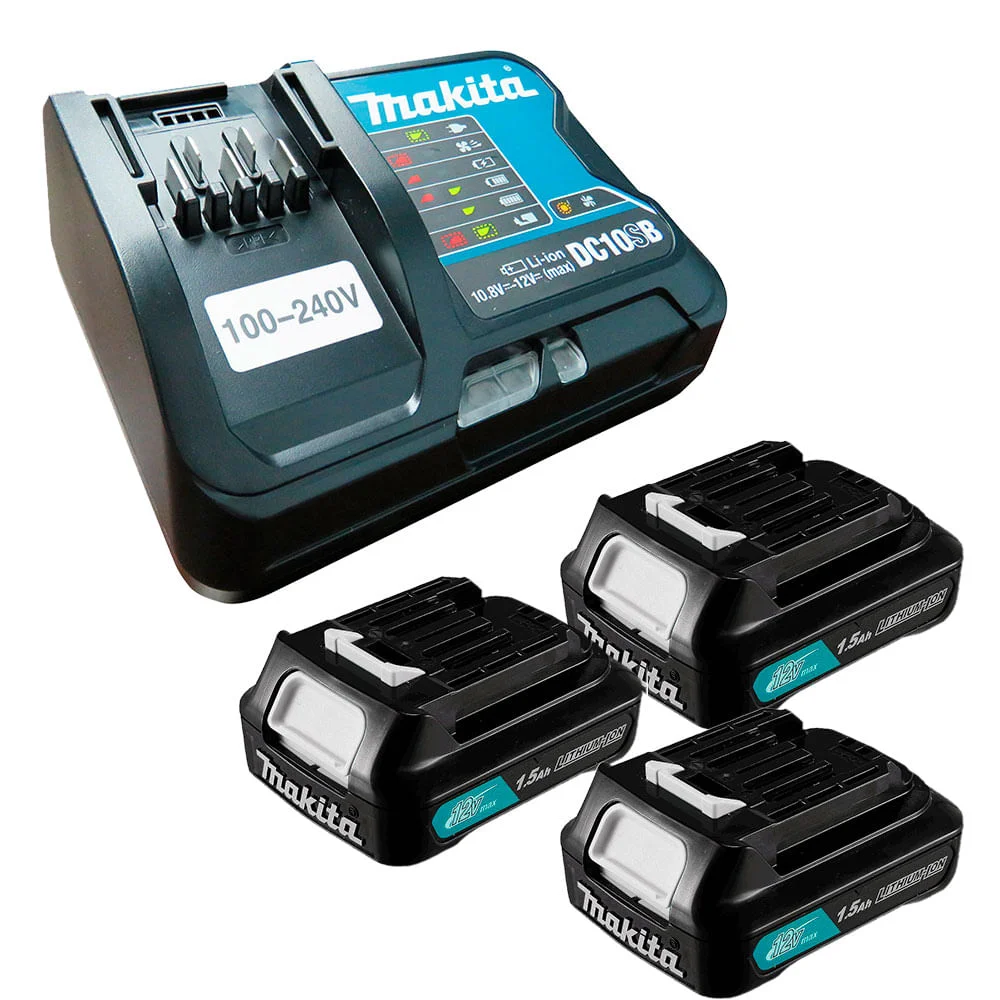 Kit 3 Baterias Íons Lítio 12V 1.5Ah BL1016 Makita e Carregador de Bateria DC10SB