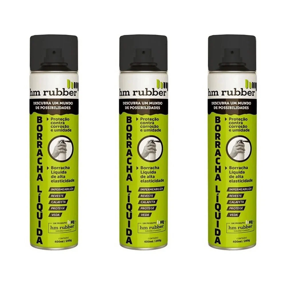 Kit 3 Borrachas Líquida em Spray Aerossol Hm Rubber 400 ml