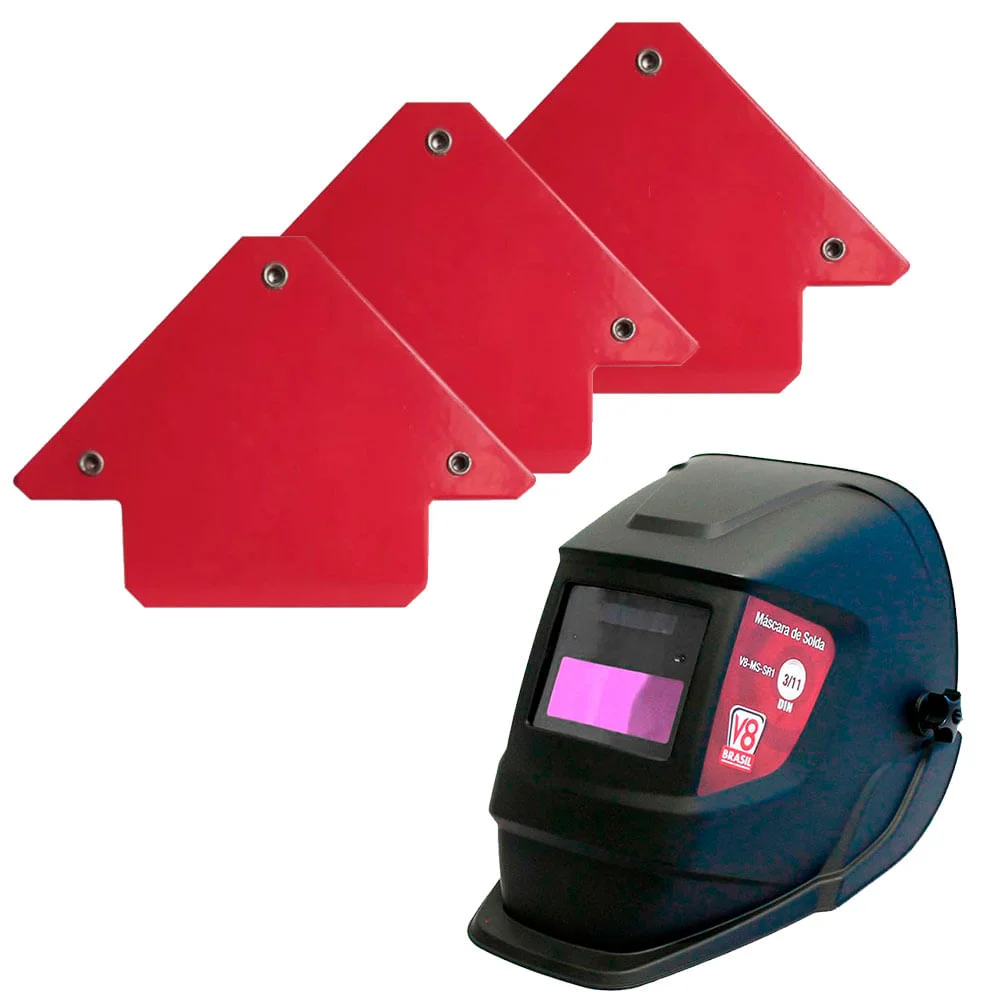 Kit 3 Esquadros Magnéticos 12 Kg NKF e Máscara para Solda Automática SR1