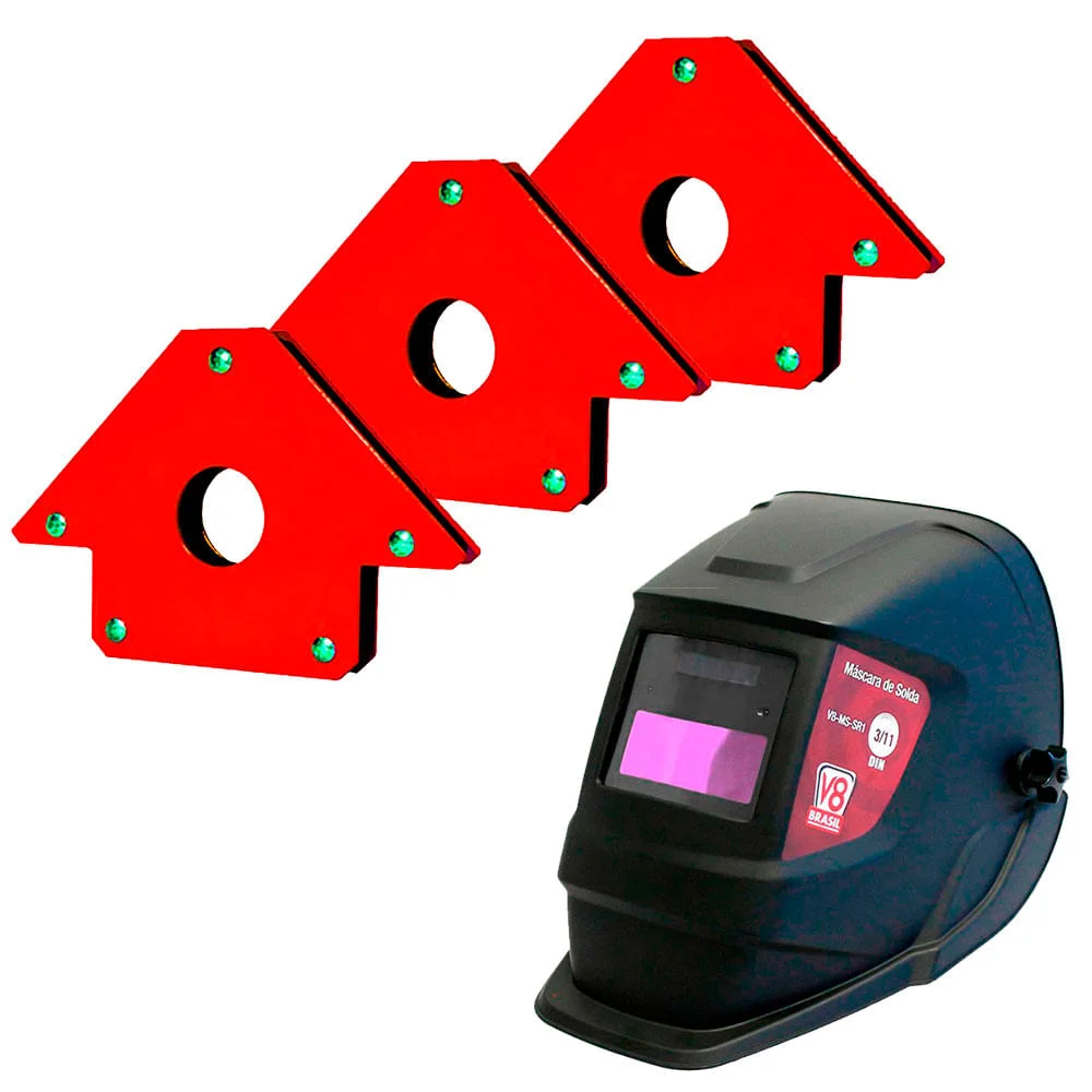 Kit 3 Esquadros Magnéticos 22Kg NKF e Máscara para Solda Automática SR1