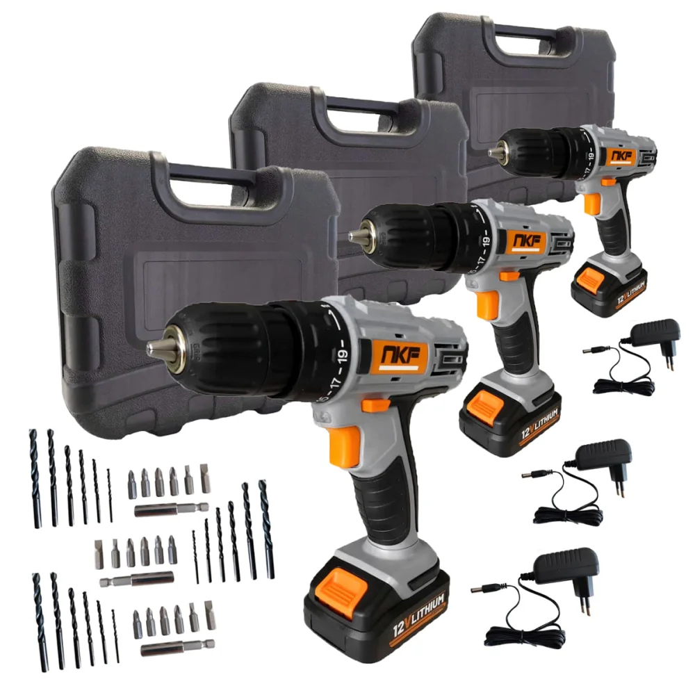 Kit 3 Furadeira Parafusadeira à Bateria 12V com Maletas e Acessórios FP12X NKF