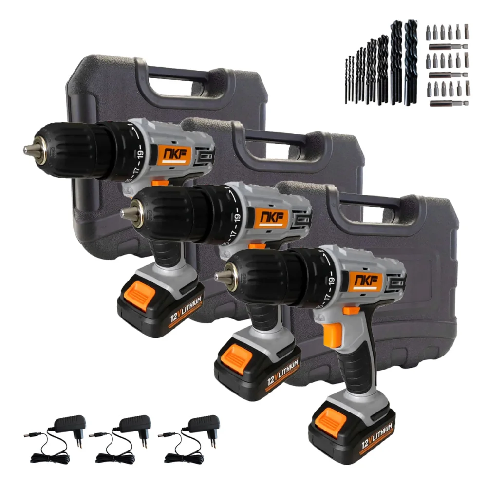 Kit 3 Furadeira Parafusadeira à Bateria 12V com Maletas e Acessórios FP12X NKF