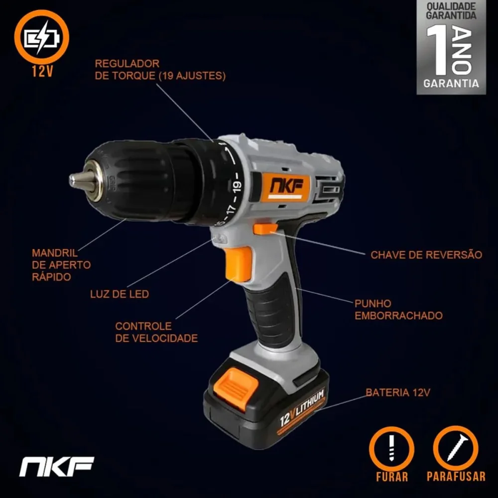 Kit 3 Furadeira Parafusadeira à Bateria 12V com Maletas e Acessórios FP12X NKF