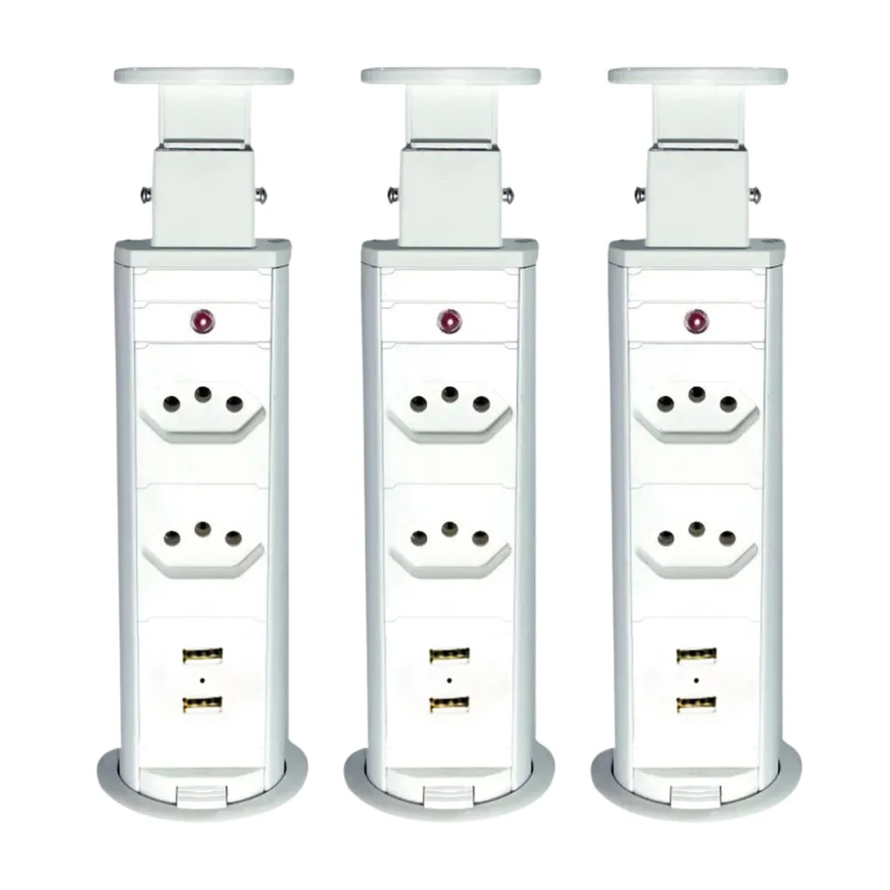 Kit 3 Torres de Tomada Multiplug 2 Tomadas e 2 USB Bivolt