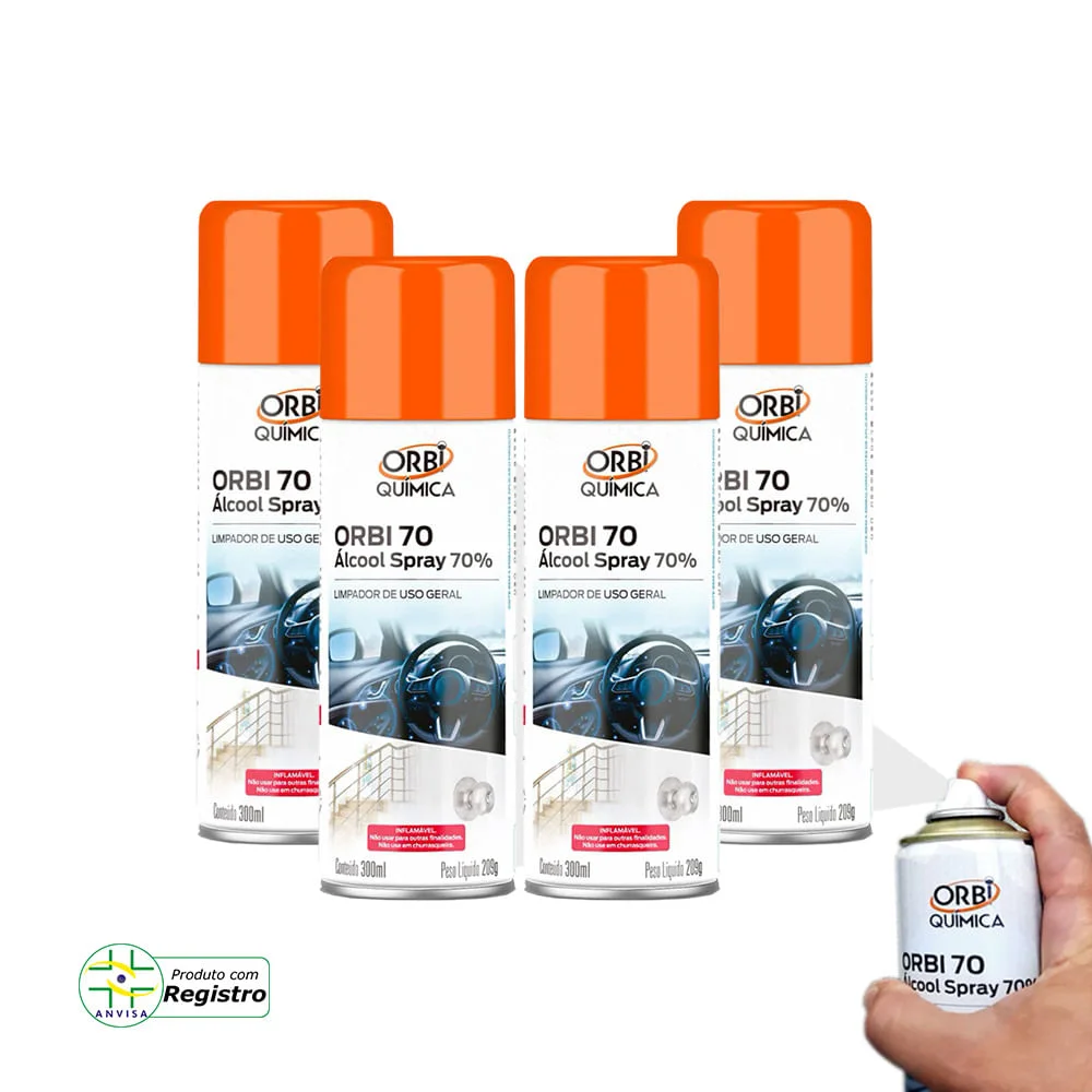 Kit 4 Álcool Spray 70° Antisséptico e Higienizador 300ML 209G Orbi