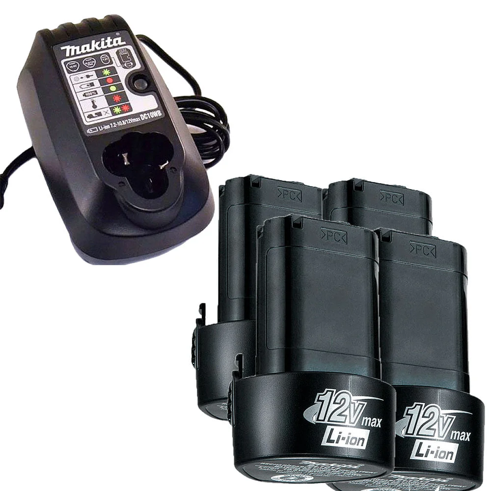 Kit 4 Baterias Íons Lítio 12V 1.3Ah BL1014 Makita e Carregador de Bateria DC10WB