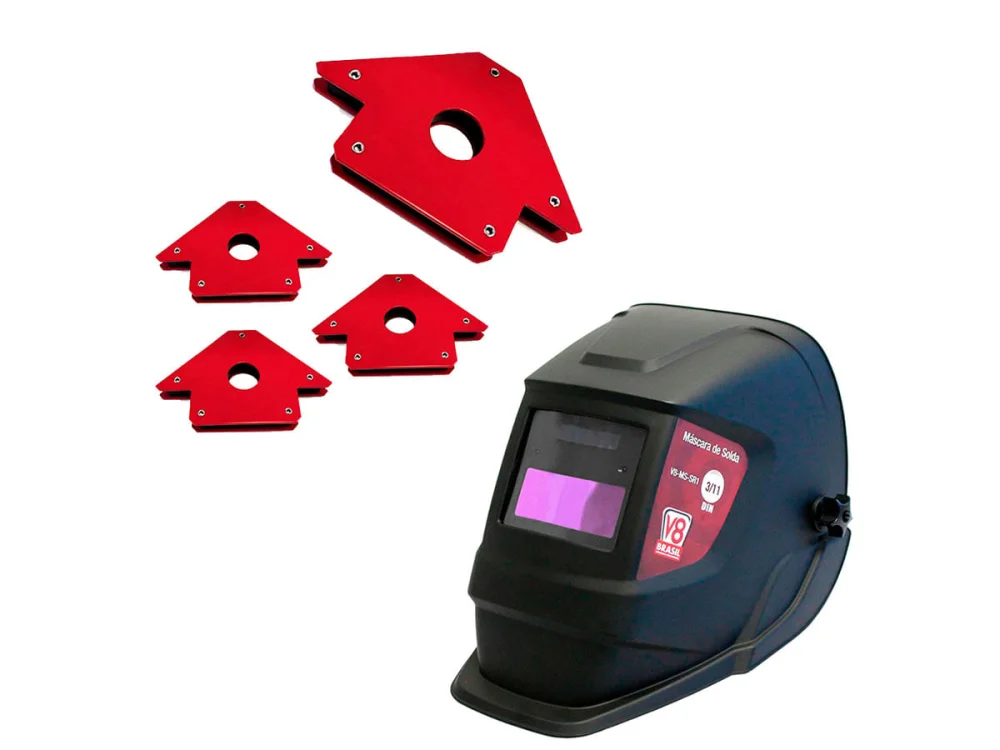 Kit 4 Esquadros Magnéticos 35Kg NKF e Máscara para Solda Automática SR1