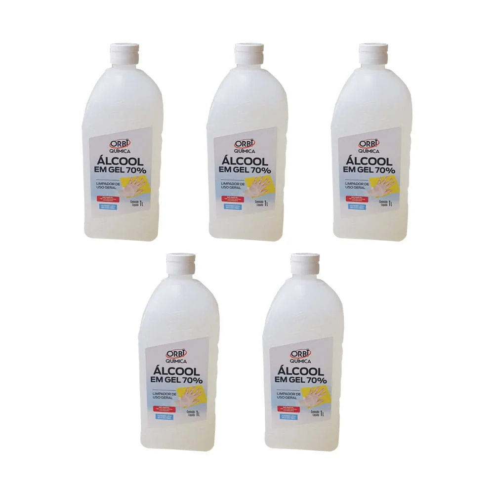 Kit 5 Álcool Gel 70° Antisséptico e Higienizador de Mãos 1 Litro Orbi