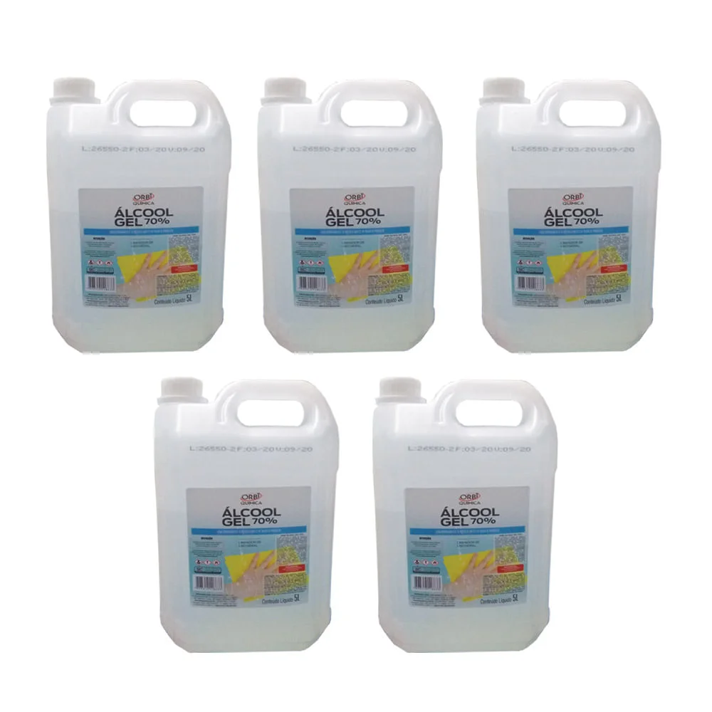 Kit 5 Álcool Gel 70° Antisséptico e Higienizador de Mãos 5 Litros Orbi