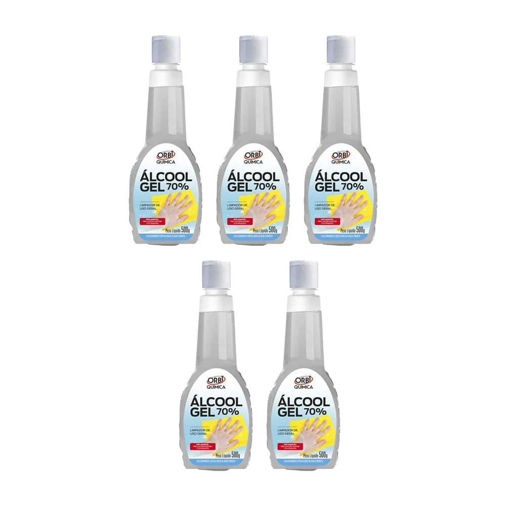 Kit 5 Álcool Gel 70° Antisséptico e Higienizador de Mãos 500G Orbi