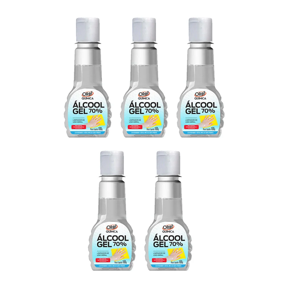 Kit 5 Álcool Gel 70º Antisséptico e Higienizador de Mãos 100G Orbi