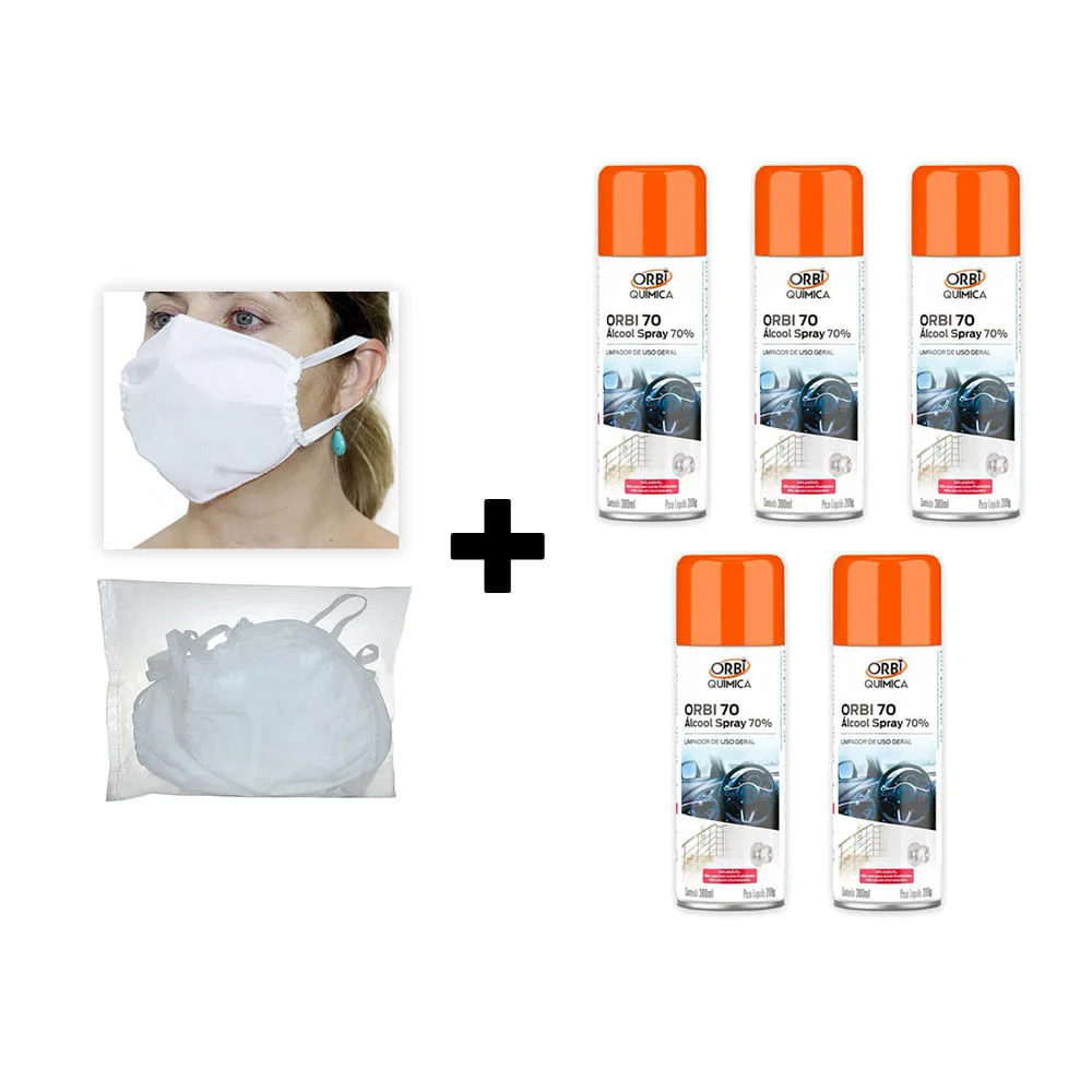 Kit 5 Álcool Spray 70° Antisséptico 209G e 25Un de Máscaras Descartáveis em TNT