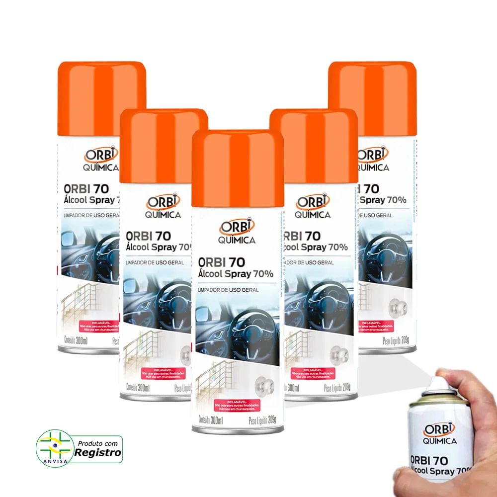 Kit 5 Álcool Spray 70° Antisséptico e Higienizador 300ML 209G Orbi