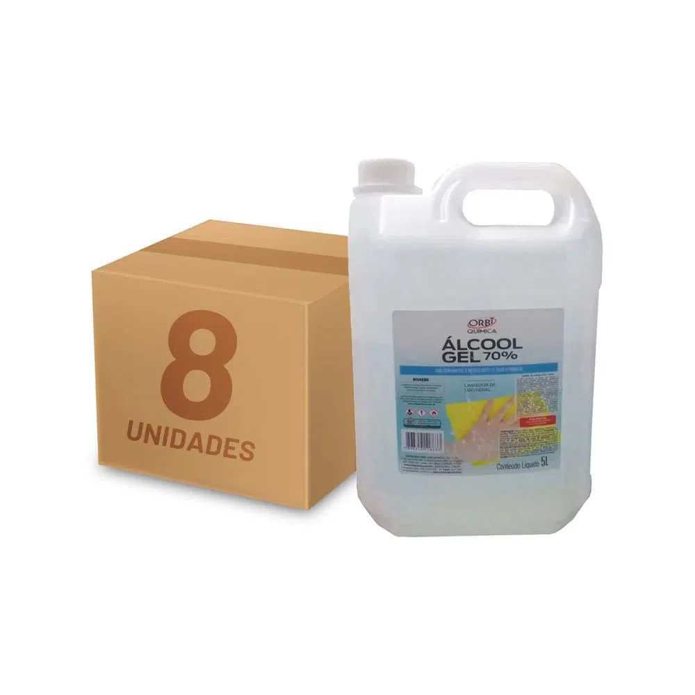 Kit 8 Unidades Álcool Gel 70° Antisséptico e Higienizador de Mãos 5L Orbi