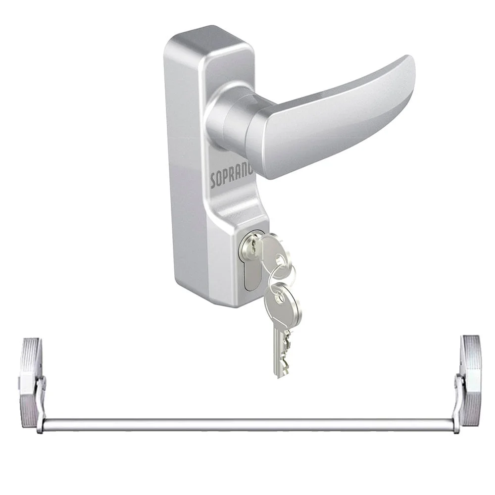 Kit Barra Antipânico 1 Ponto Travamento Prata e Fechadura Antipânico Soprano