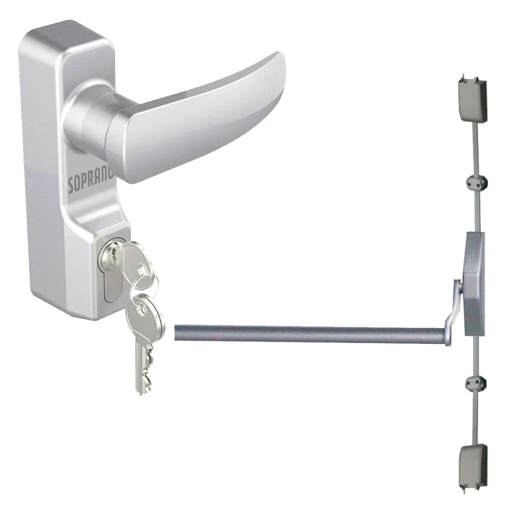 Kit Barra Antipânico 2Pontos TravamentoPush Prata e Fechadura Antipânico Soprano
