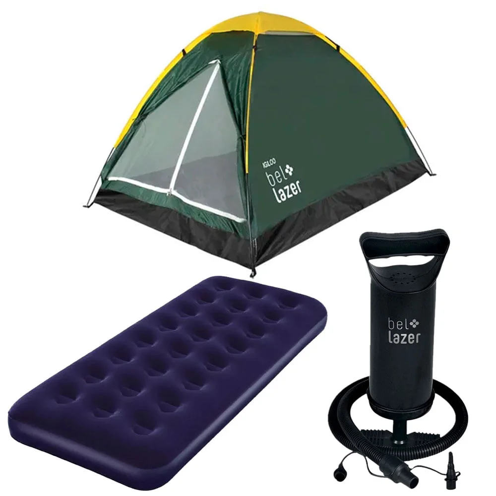 Kit Barraca Igloo 4 Camping 102400 Belfix e Colchão Solteiro e Bomba