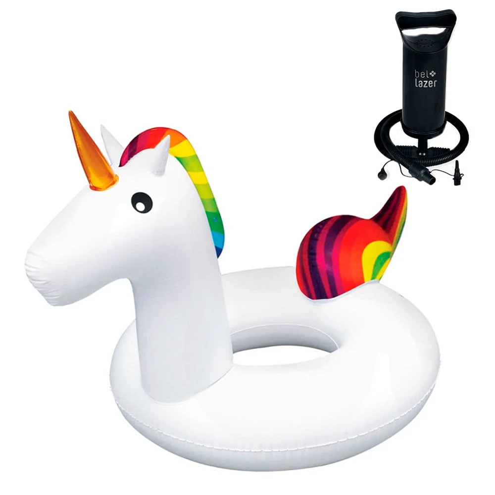 Kit Boia Inflável Adulto Anel Unicórnio 148700 Belfix e Bomba Manual 120200
