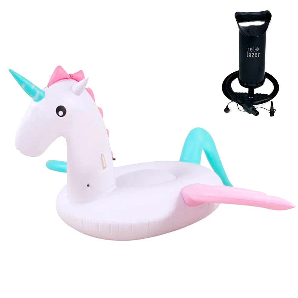 Kit Boia Inflável Adulto Unicórnio com Asas 149700 Belfix e Bomba Manual 120200