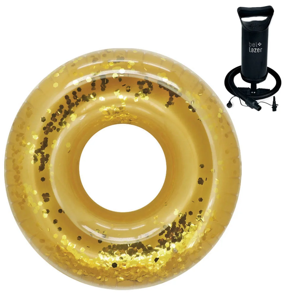 Kit Boia Inflável Gigante Adulto Anel Dourado 177000 Belfix e Bomba Manual 120200