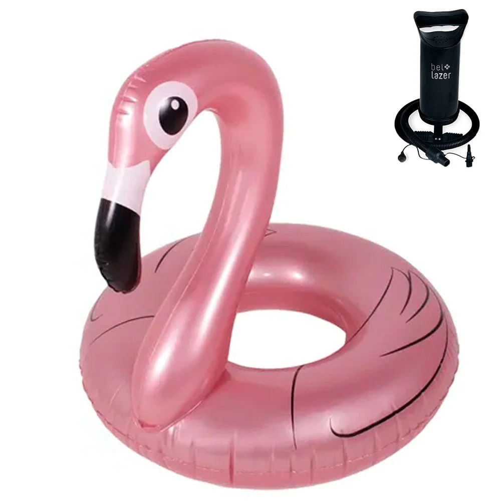 Kit Boia Inflável Gigante Anel Flamingo Perolado 146700 e Bomba Manual 120200