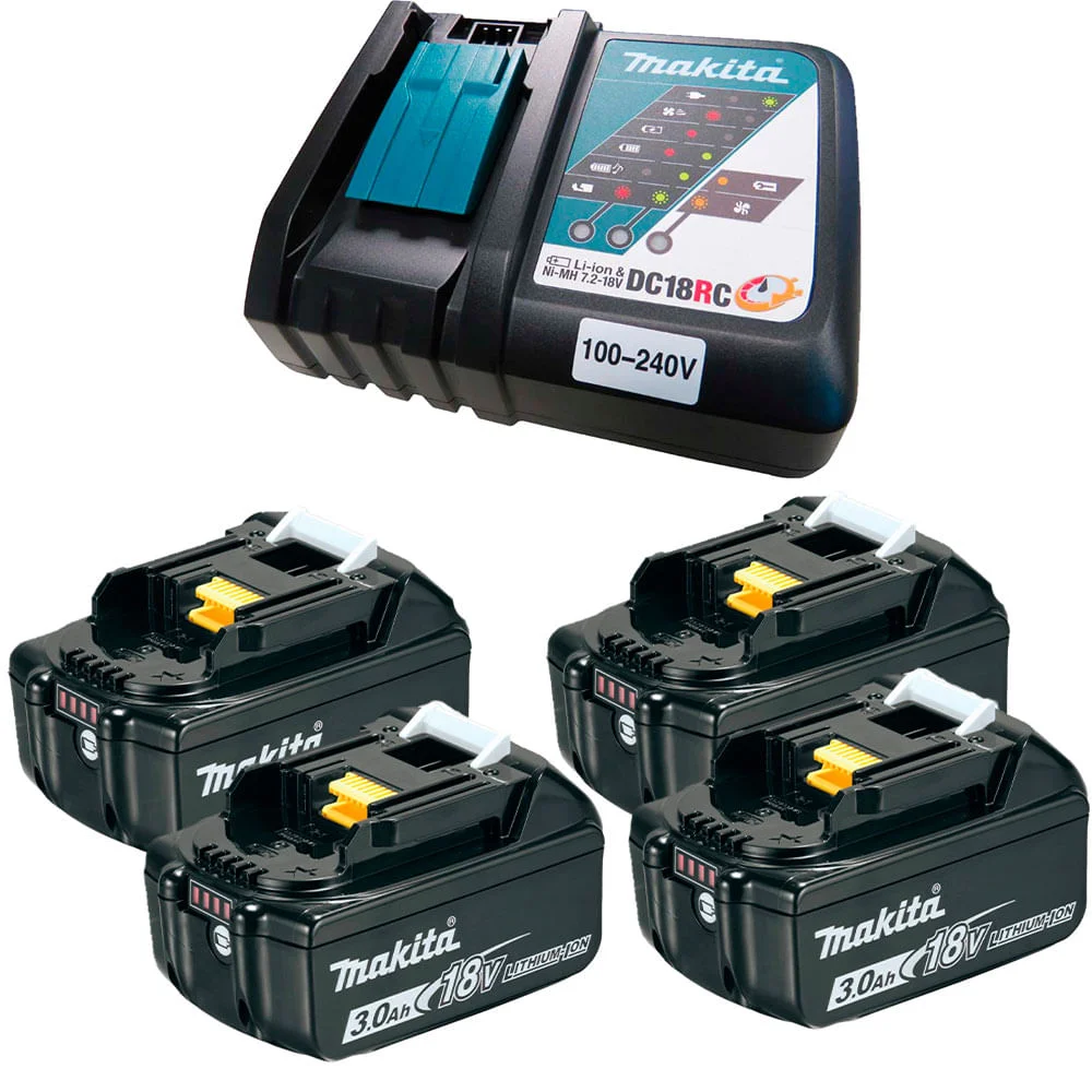 Kit Carregador de Bateria 14.4 a 18V DC18RC e 4 Baterias 18V BL1830B Makita
