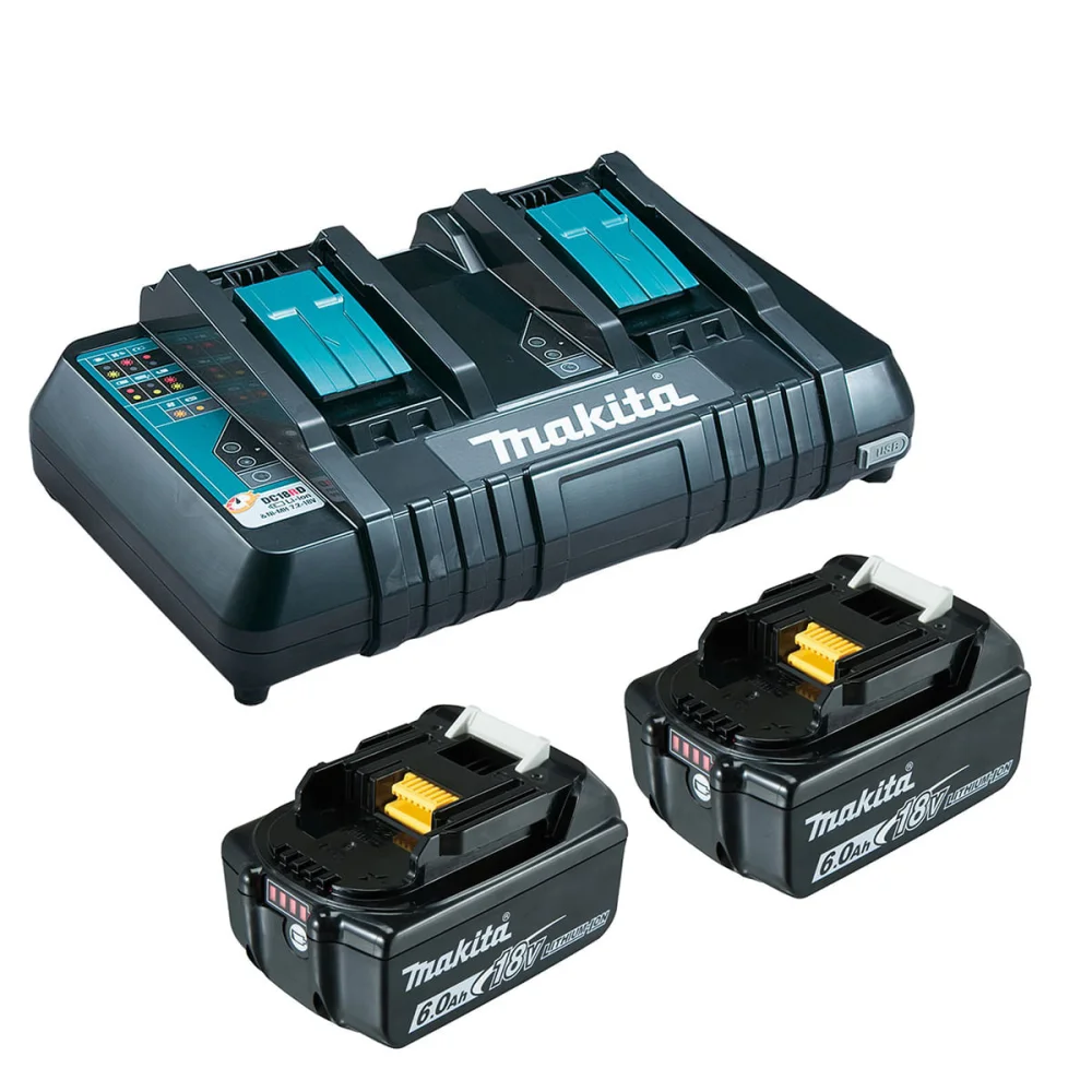 Kit Carregador de Bateria Duplo 14.4V e 18V DC18RD Makita e 2 Baterias 18V 6.0Ah