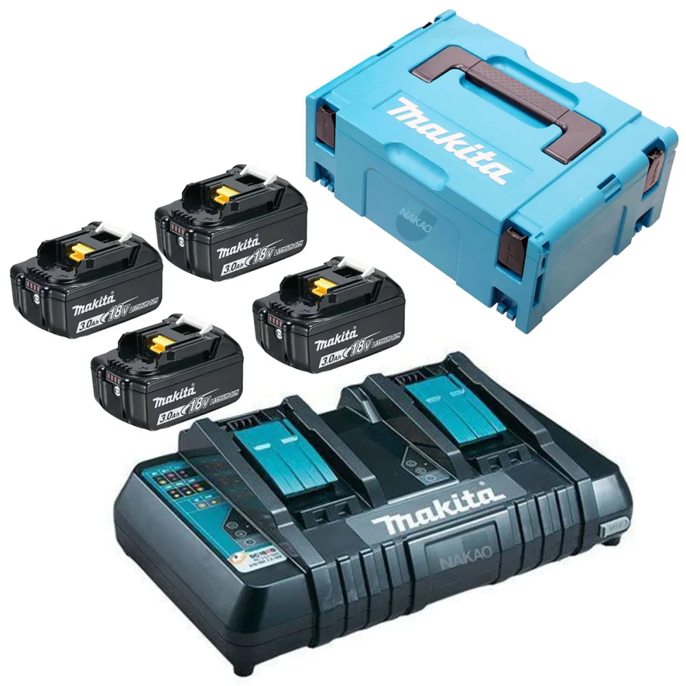 kit Carregador de Bateria Duplo 14.4V e 18V DC18RD Makita e 4 Baterias e Maleta