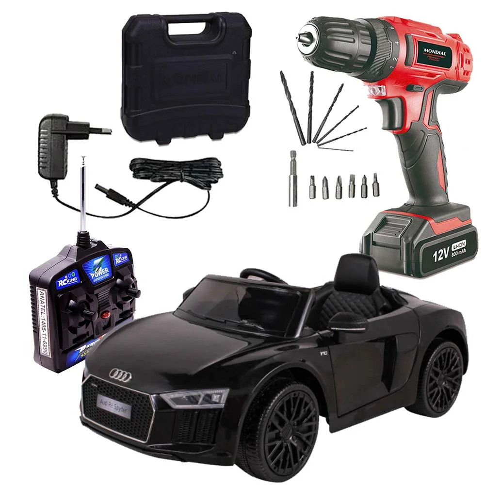 Kit Carro Elétrico Audi R8S Preto 926400 Bel Brink e Parafusadeira Furadeira 12V