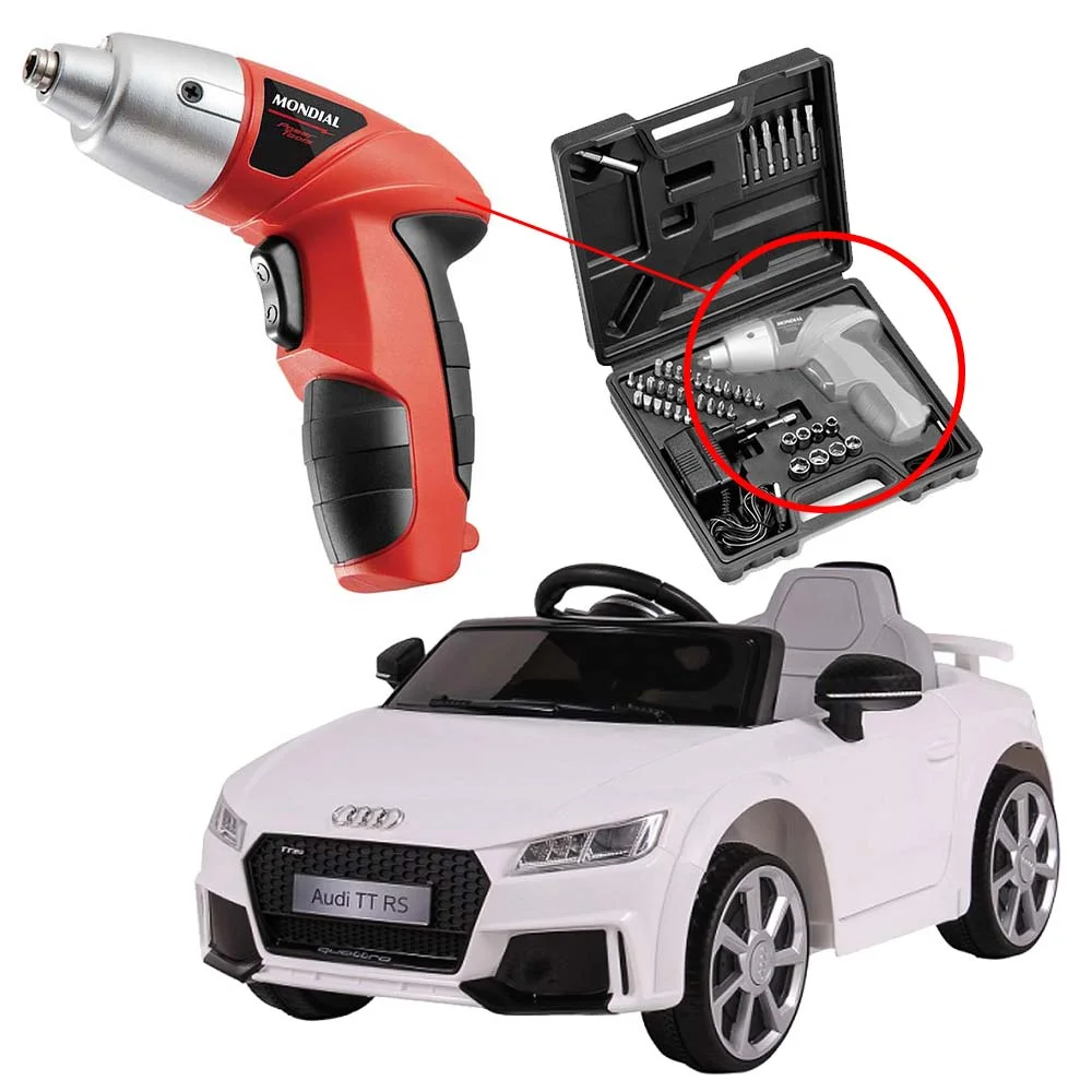Kit Carro Elétrico Audi TT RS Bel Brink e Parafusadeira Recarregável com Maleta