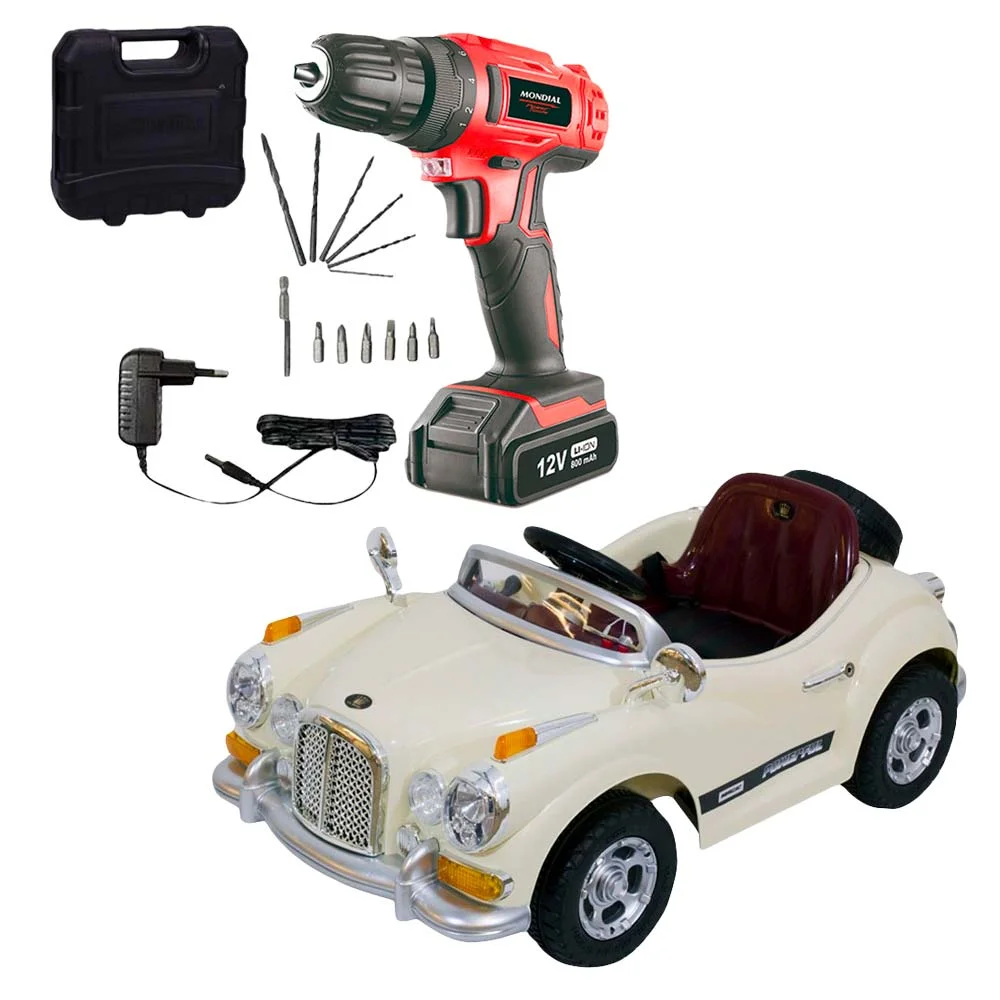 kit Carro Retrô com Controle Remoto - Bege - 915000 - Bel Brink + Parafusadeira e Furadeira Bateria