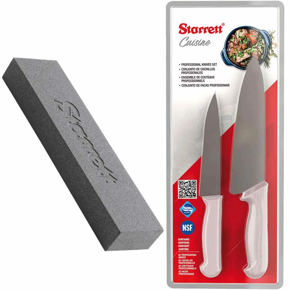 Kit com 2 Facas para Cozinha e Pedra de Afiar Faca 120/320 Dupla Face Starrett