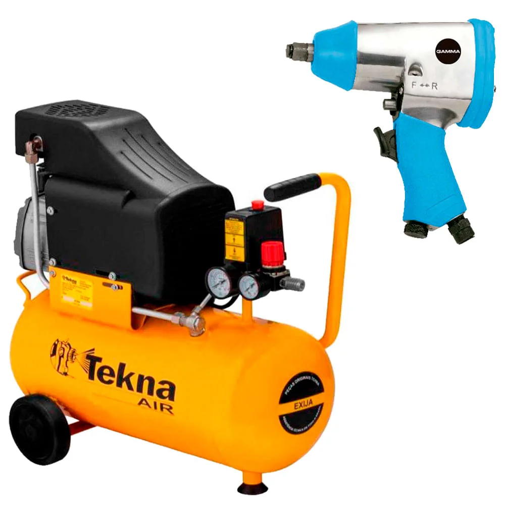 Kit Compressor de Ar 24L CP8525 Tekna e Chave de Impacto G1178 Gamma