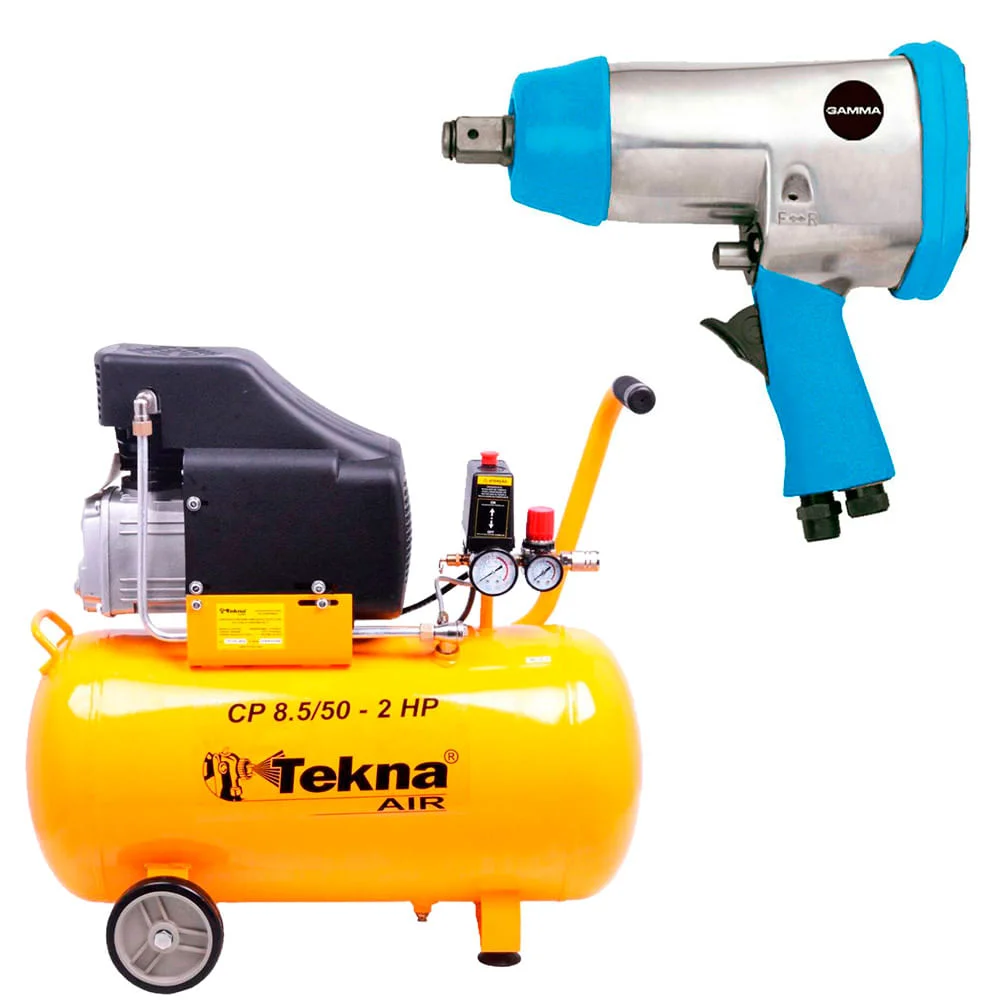 Kit Compressor de Ar 50L CP8550 Tekna e Chave de Encaixe G1179 Gamma