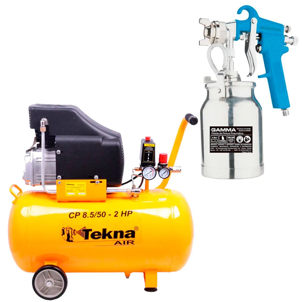 Kit Compressor de Ar 50L CP8550 Tekna e Pistola de Pintura G1184 Gamma