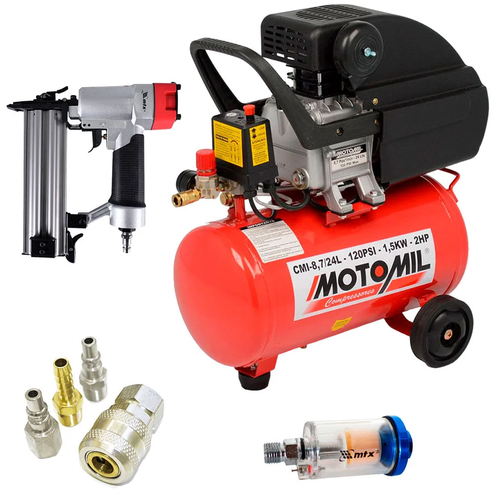 Kit Compressor Motomil Biv e Pinador Pneumático e Filtro MTX e Jg de Engate Steel