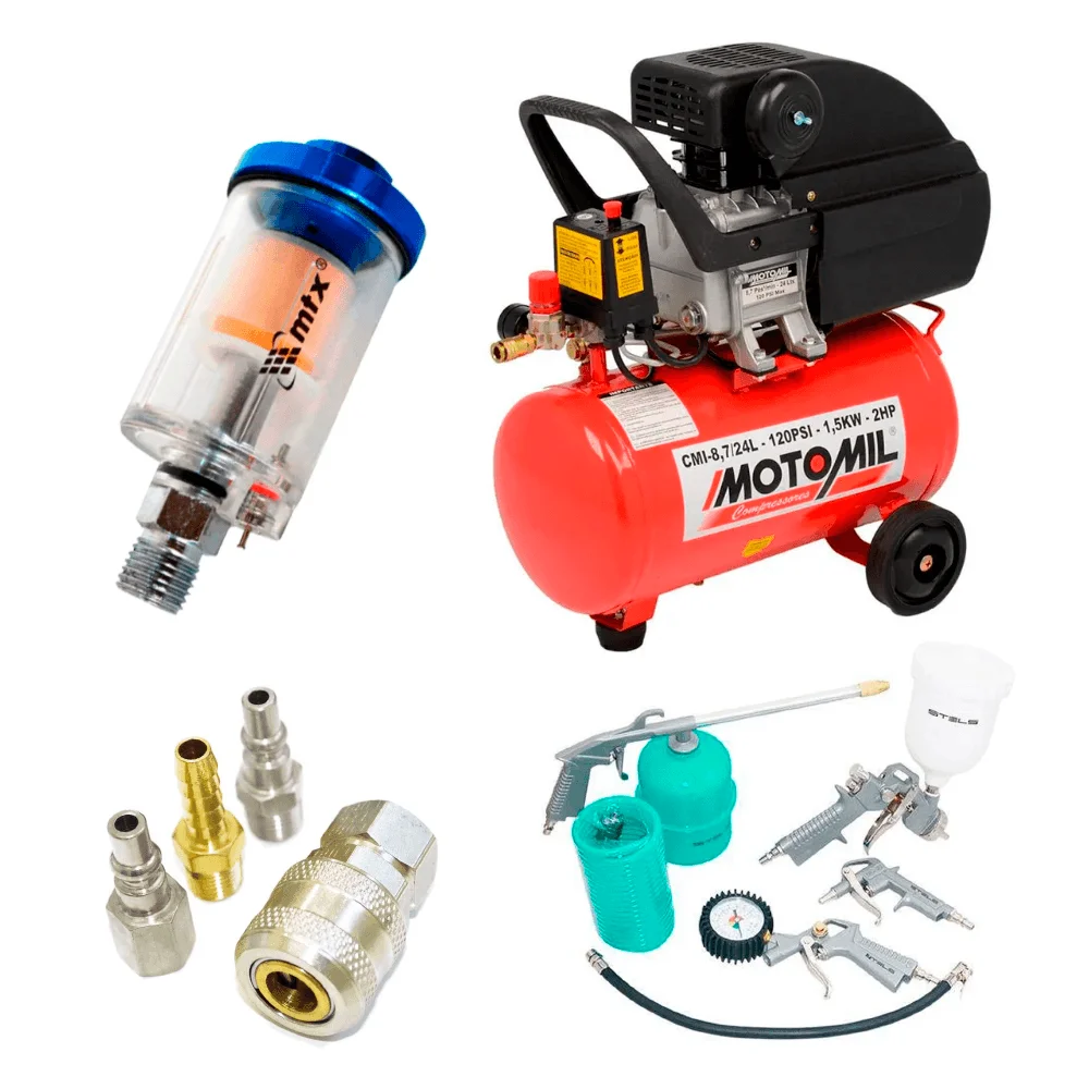 Kit Compressor Motomil e Jg Acess Pneumático e Jg de Engate Steel e Filtro MTX