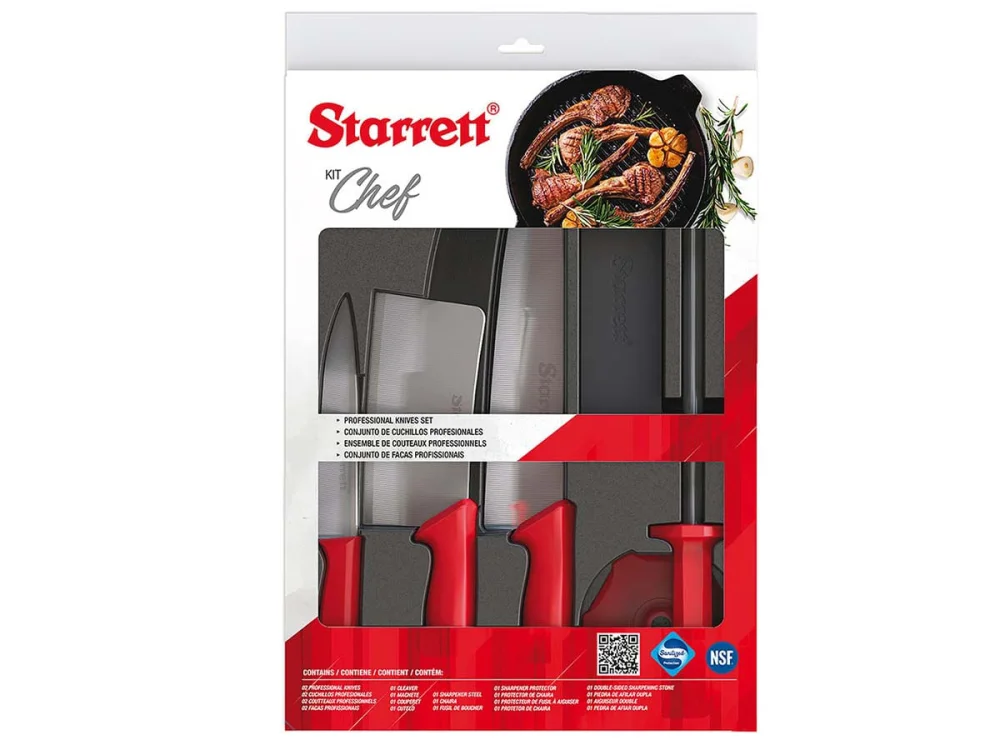 Kit Faca Chefe 1 Cutelo 2 Facas 1 Chaira com Proteção 1 Pedra de Afiar Starrett