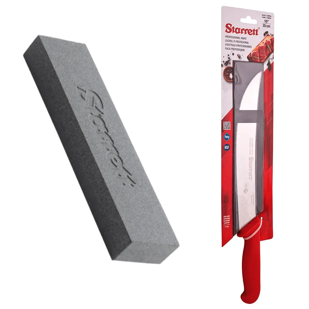 Kit Faca para Carne Lâmina Curvada Larga 10 Pol e Pedra de Afiar Dupla Starrett