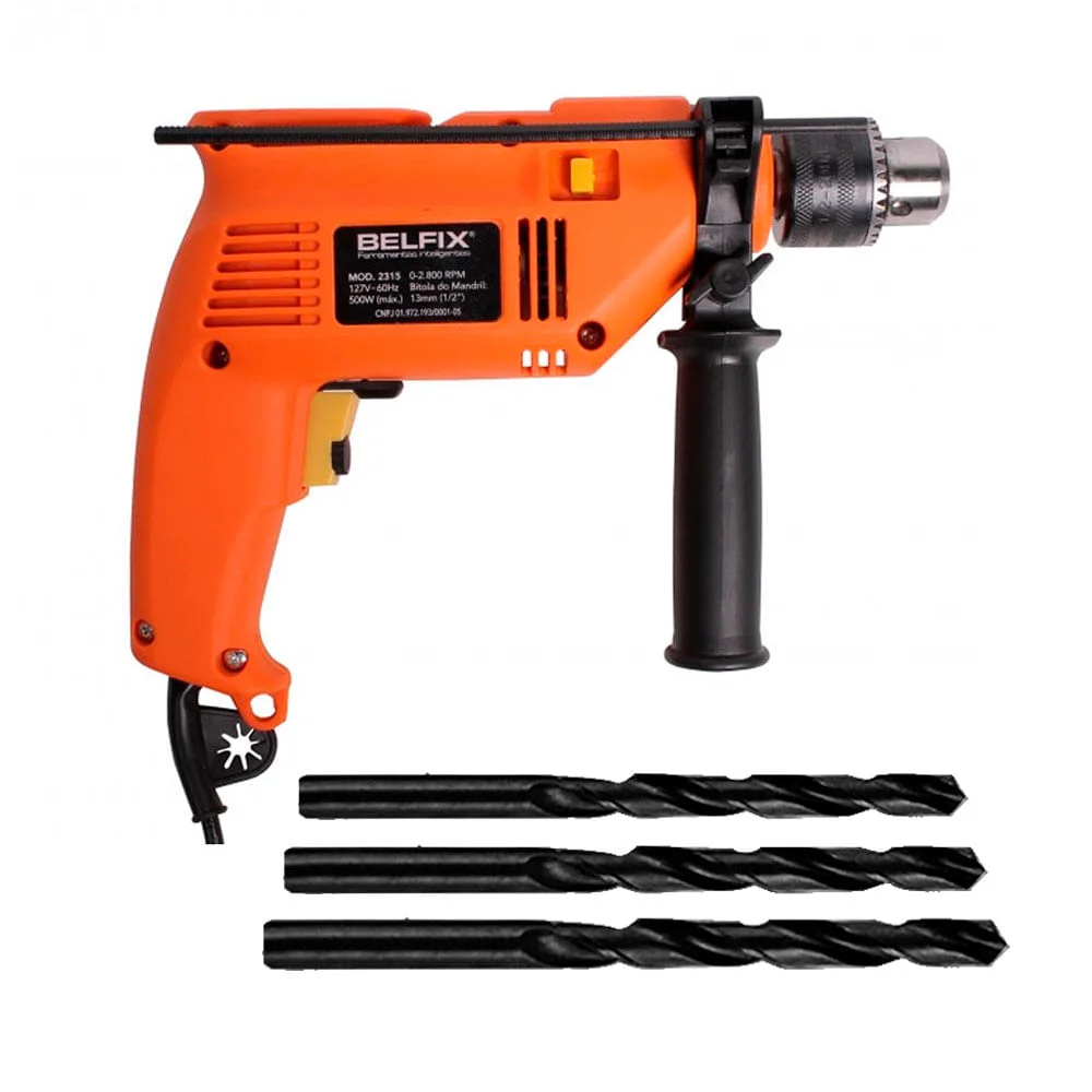 Kit Furadeira de Impacto 13mm 500 Watts Belfix e 3 Brocas de Metal