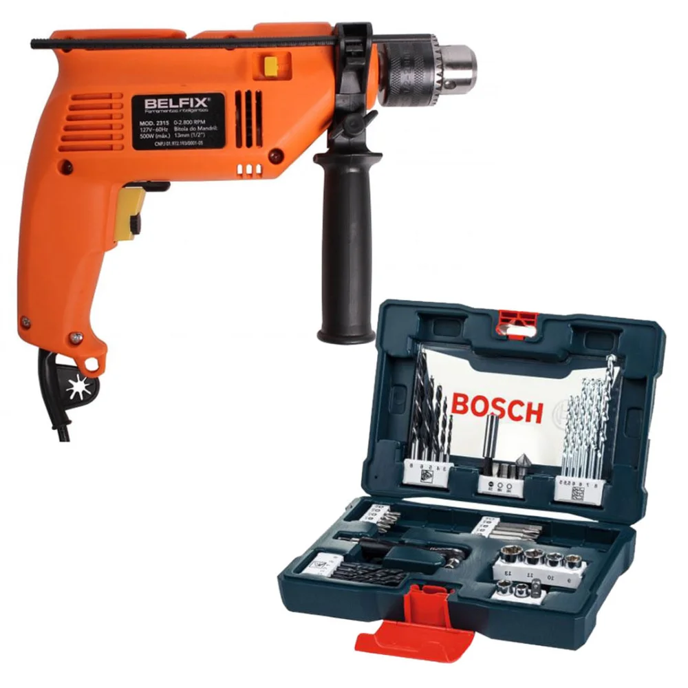 Kit Furadeira de Impacto 13mm 500 Watts Belfix e Maleta de Acessórios V-Line