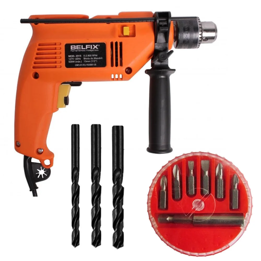 Kit Furadeira de Impacto 13mm 500W Belfix e 3 Brocas e 7 Bits com Adaptador