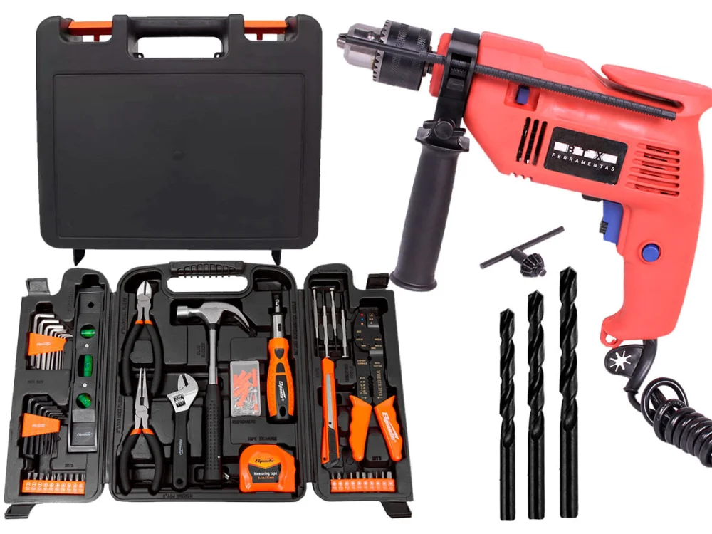 Kit Furadeira de Impacto 13mm 500W BTX e Jg Ferramentas 129Pç e Brocas e Maleta