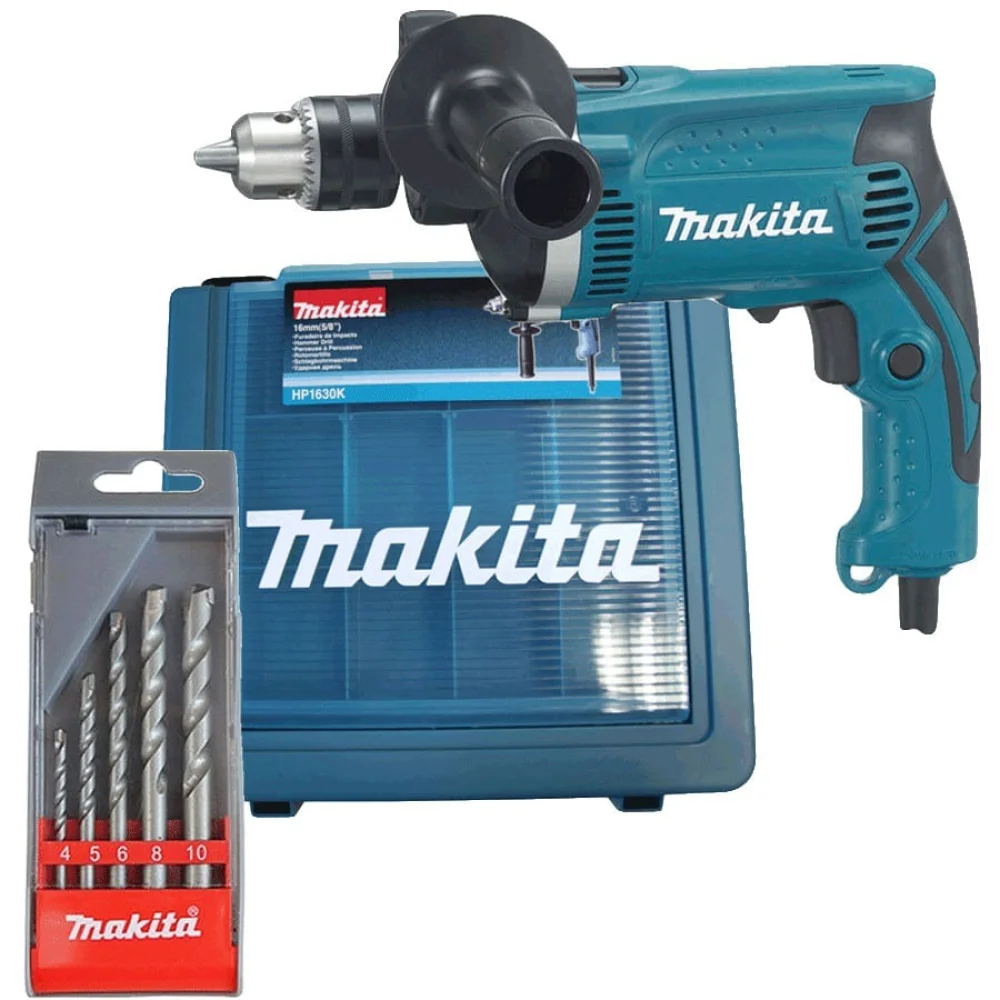 Kit Furadeira de Impacto 13mm 710 Watts HP1630K Makita e 5 Brocas para Concreto 110 Volts